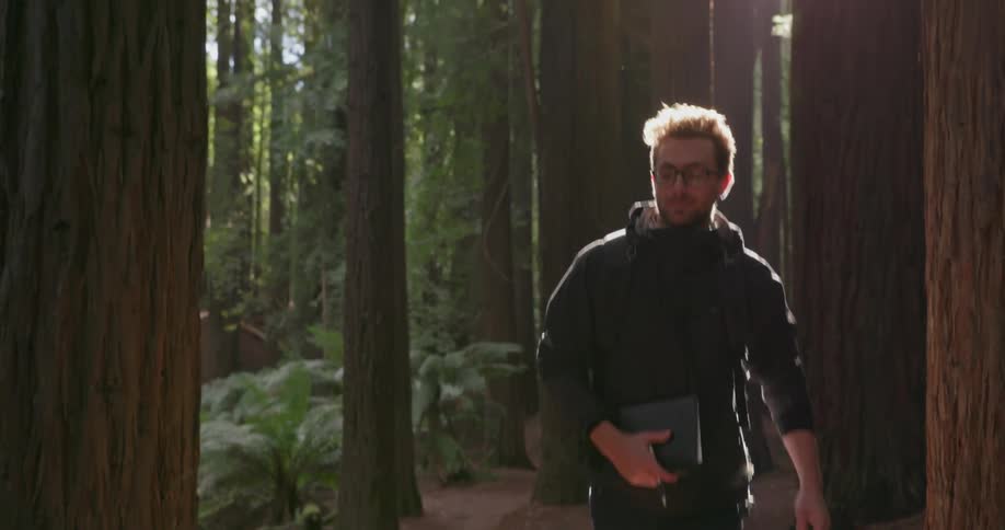 A man walks between trees