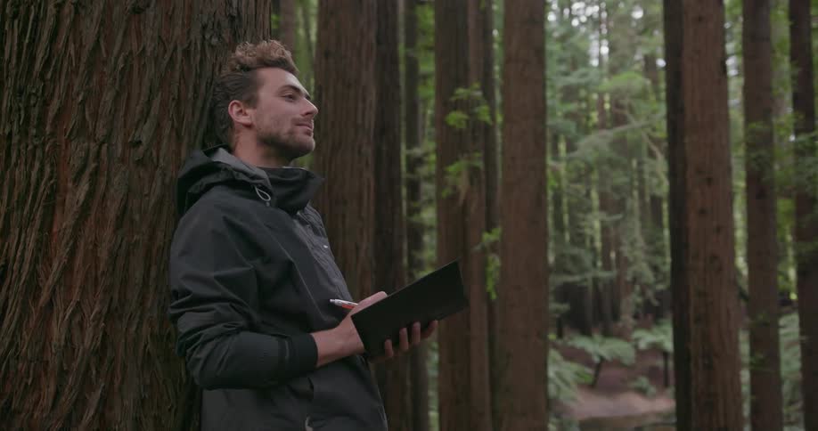 Man leaning against a large tree and writing in a notebook in a forest