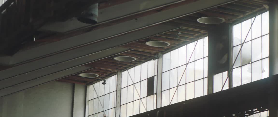 Pigeons fly through the empty warehouse