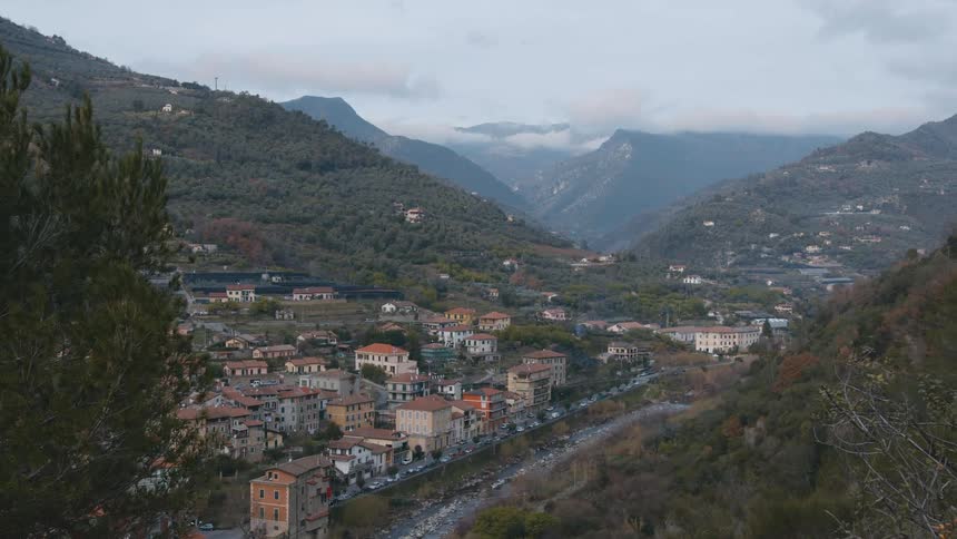 A town is surrounded by mountains