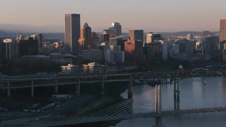 An aerial view of a city with tall buildings