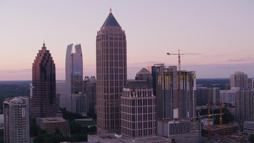 Aerial view of tall skyscrapers on the skyline of the a city downtown at morning