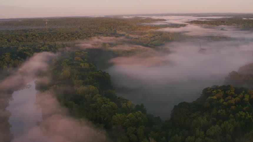 An early morning aerial view of a forest and winding river with mist