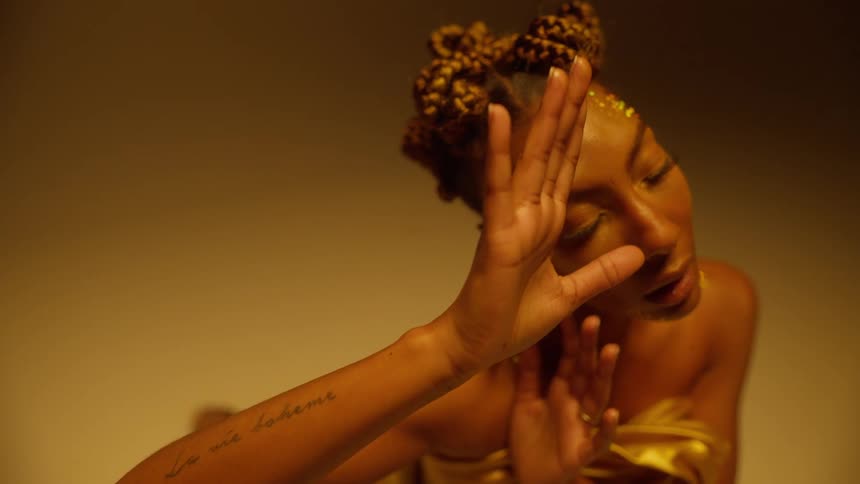A black woman with glitter on her face is posing and modeling