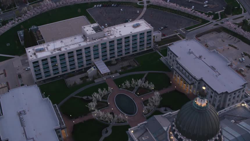 Aerial view of the utah state capitol building and surrounding neighborhood
