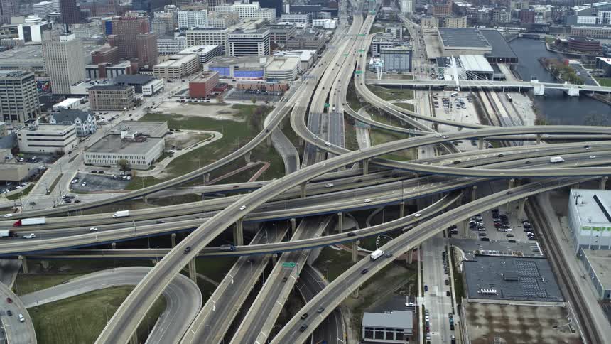 An aerial view of highway interchange