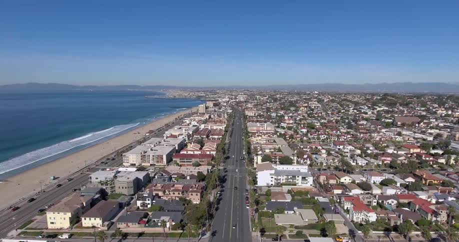 Aerial view of a town near the shore