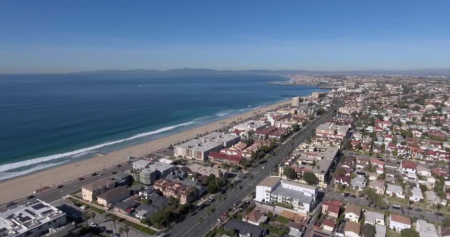 Aerial view of a neighborhood by the beach