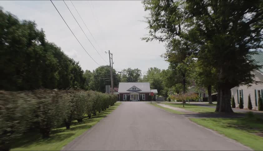 A neighborhood street with modest homes lawns and trees