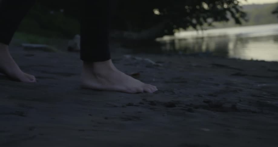 A barefoot person walks along the soil on the shore of a lake