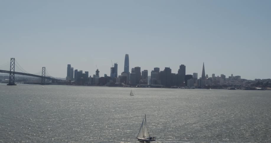 Aerial of harbor with skyline in the background