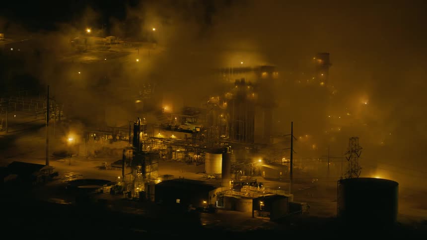 Dense smoke being emitted from a refinery at night