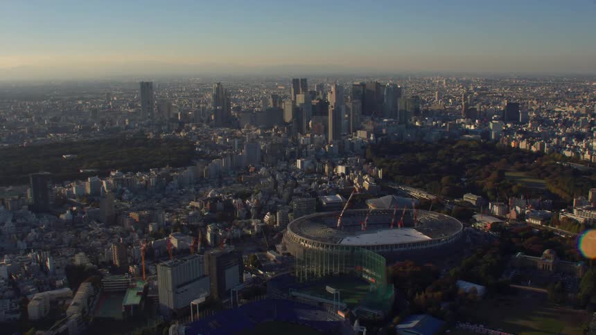 Sports stadia and skyscrapers in a metropolis during the day