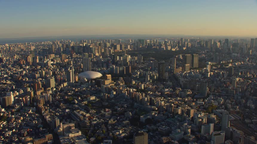 Crowded buildings and skyscrapers in a big city at sunset