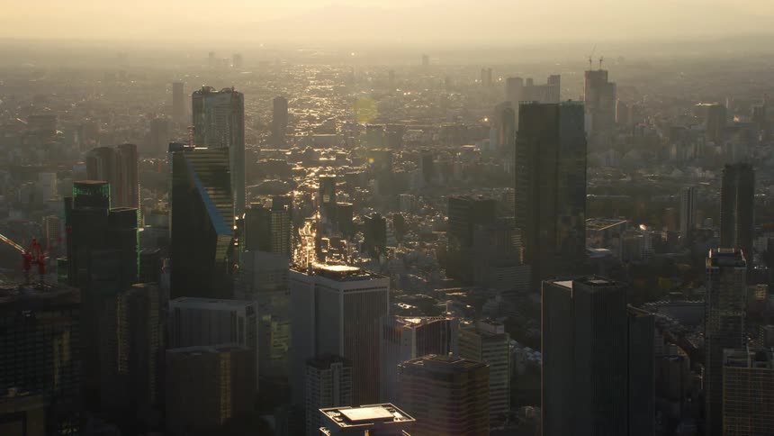 A dense metropolis shrouded in fog during the day