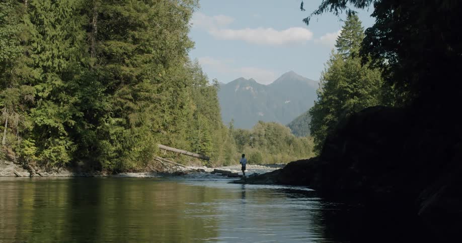 A person is fishing in the river