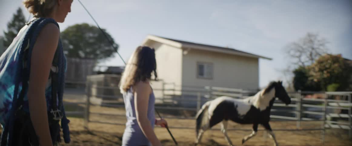 Two women outdoors with a horse