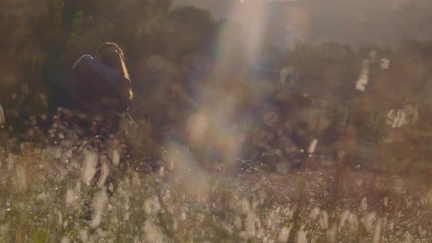 A young couple embrace in a field of tall grass