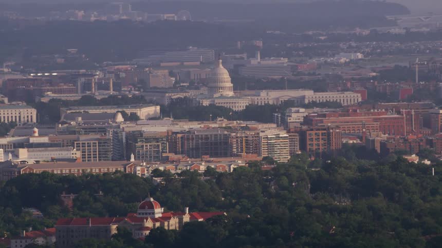 An aerial view of office buildings in a city