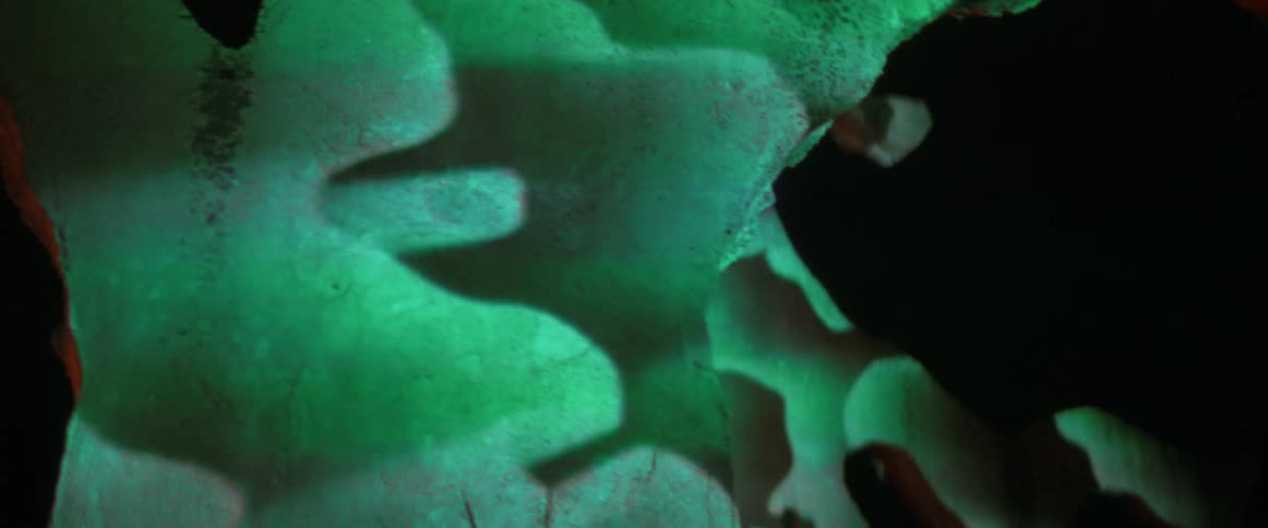 Blonde woman wearing black clothes dances among projections over sculptures at night