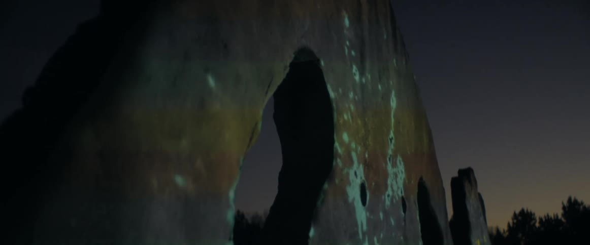 Projected image covers front of large sculpture outdoors near woods at night