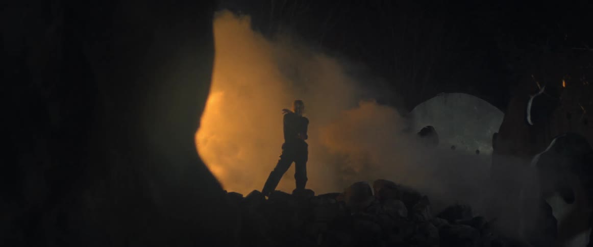 A person is dancing in a forest with smoke and flames