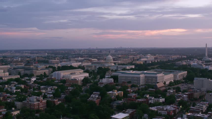 Aerial view of the dome of the united states capitol building at dusk