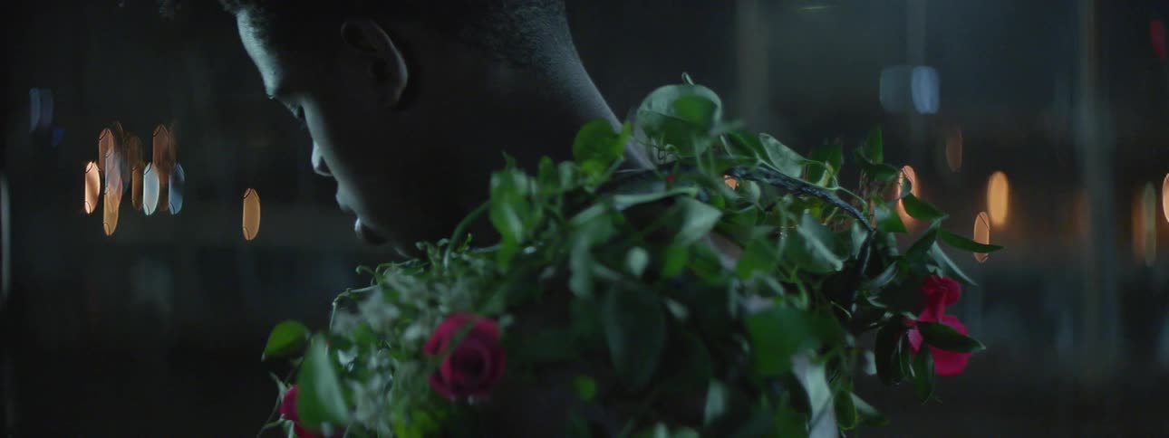 A man holding a basketball is covered with vines and red flowers