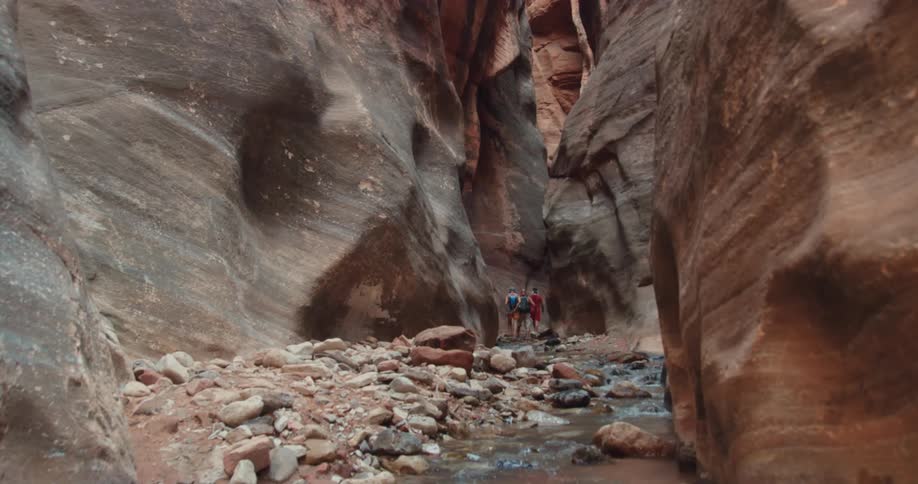 A group of hikers hike along a stream at the bottom of a ravine during the day