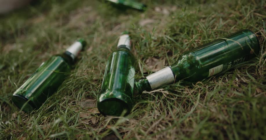 Empty beer bottles are left littered on the grass
