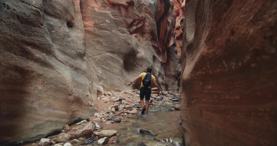 A hiker walking through a stream at the bottom of a canyon stops to examine his surroundings