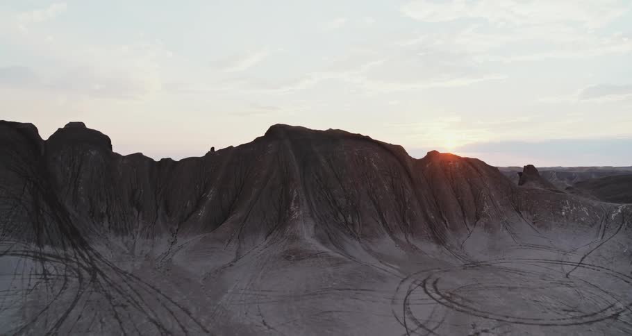 Aerial view of a desert landscape at dusk