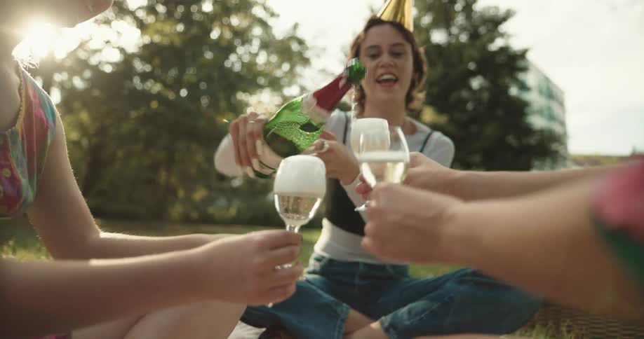 A woman pours champagne for friends as they sit in the grass wearing party hats celebrating