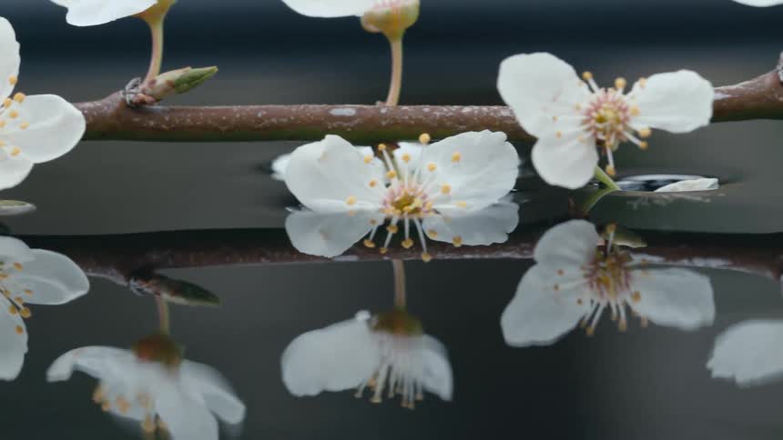 White flowers on a branch reflect on the water as it moves