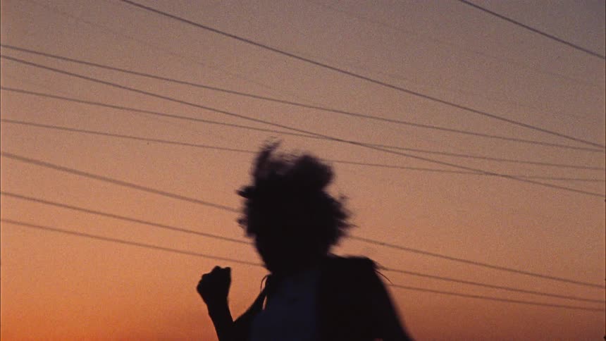 A woman dances outdoors in the countryside at sunset