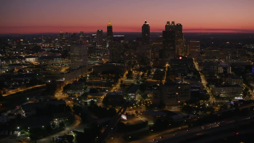 The city is light at sunset
