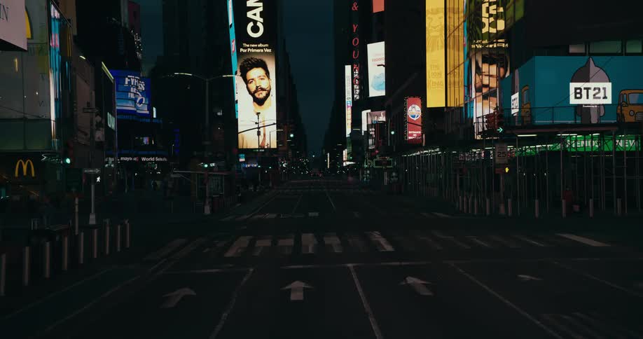 Slow motion footage of the empty lanes of time square in new york city at night
