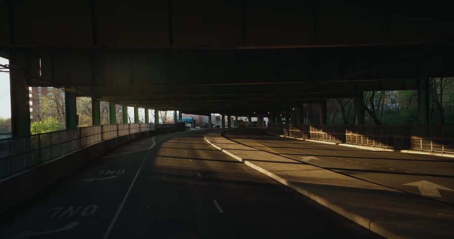 City streets run under a tunnel near downtown