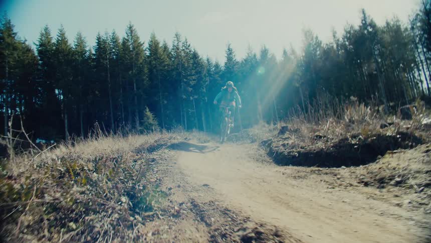 Cyclist rides dirt bike along trail near conifer forest on sunny day