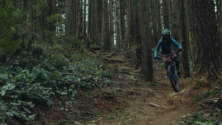 A person rides their bicycle down the hill in the forest