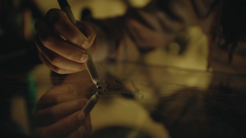 Close up of the hand of a designer drawing with a marker over glass