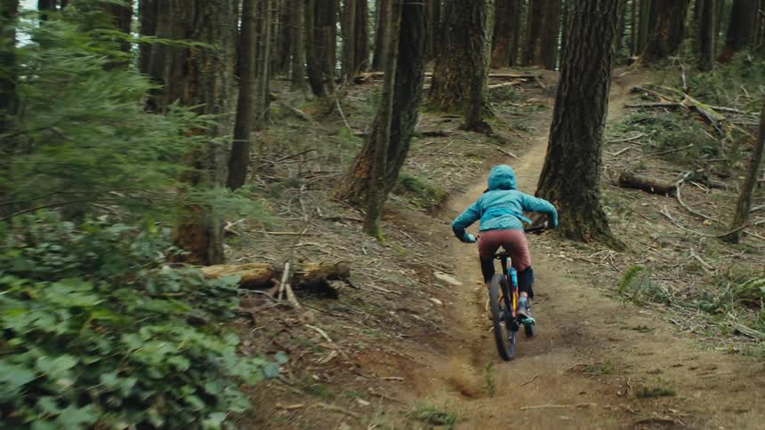 A person rides their bike through the trail in the forest