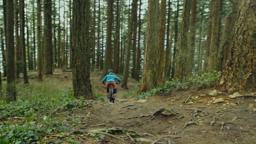 A person jumps on their bike through the forest trail