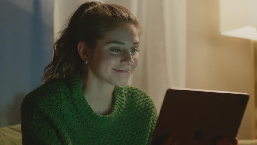 A teenage girl is holding a tablet and waving to someone she is having a conversation with