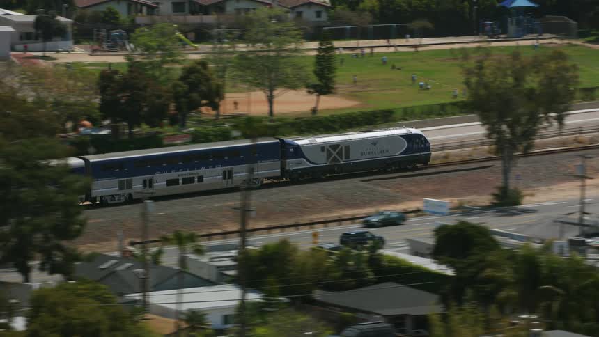 A train travels through the town