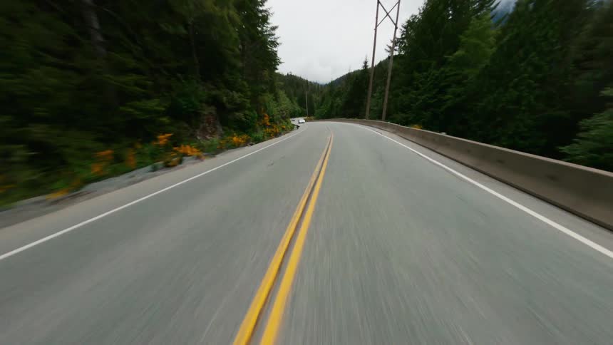A road through a dense forest beneath a mountain on a cloudy day