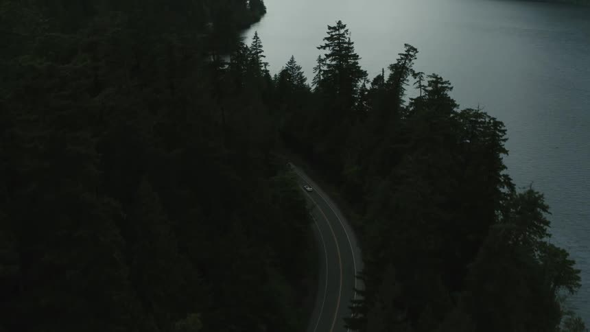 A car drives on the road by the lake