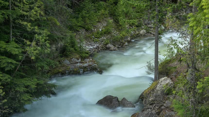 Water rushes down a mountain stream