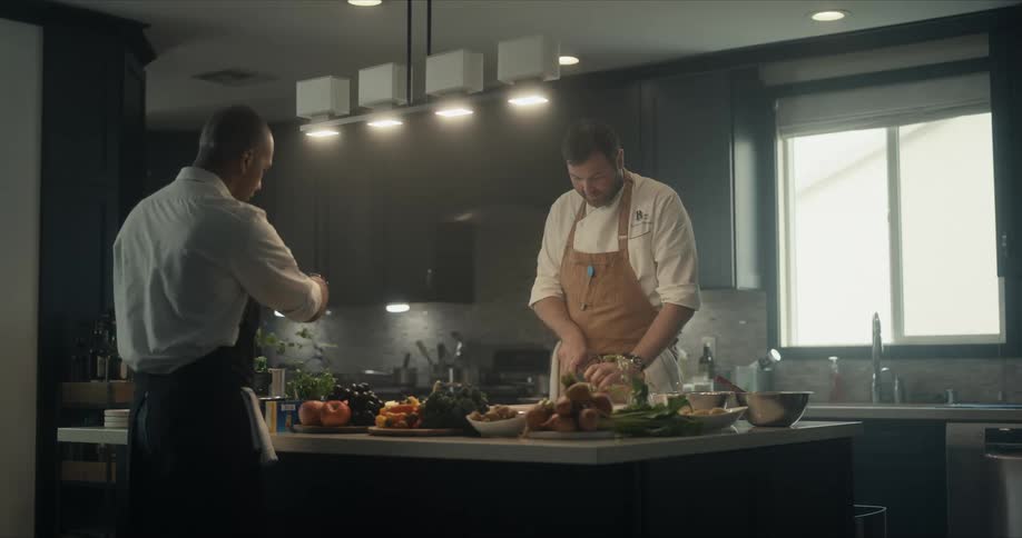 Two chefs are cooking in the kitchen