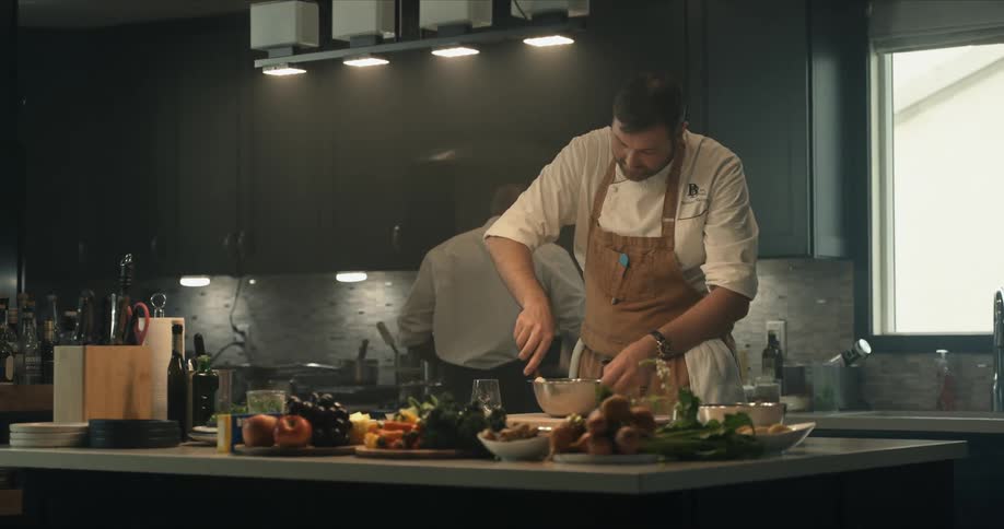 Two men are preparing food in the kitchen